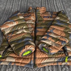 Patagonia Camouflage Puffer Jacket with Neon Accents